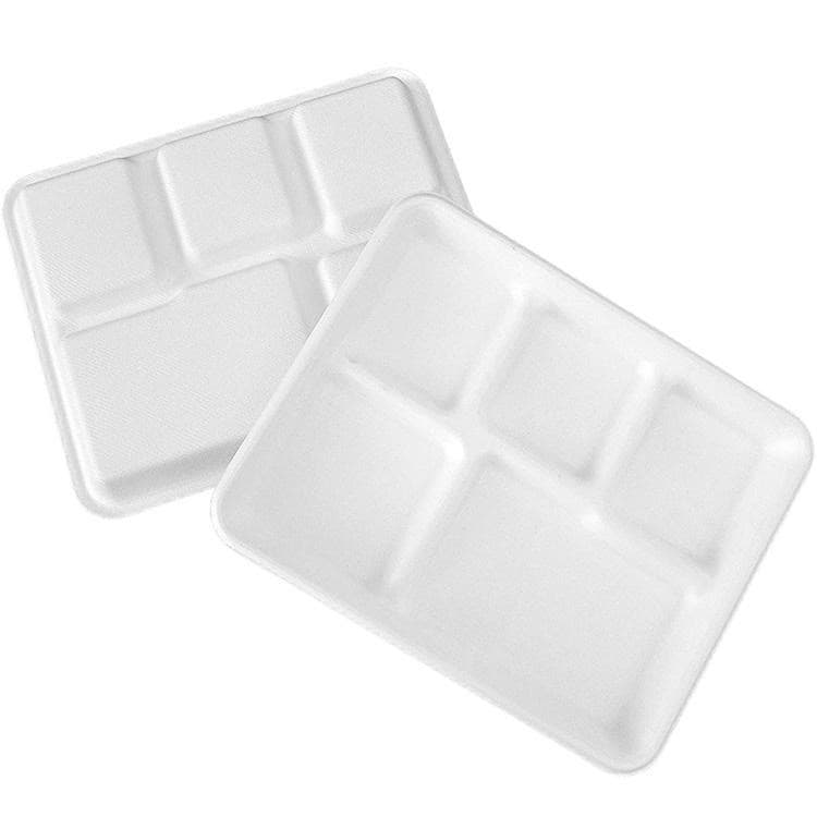 10" x 8.3" Compostable Sugarcane 5-Compartment Meal Tray | Pack of 500