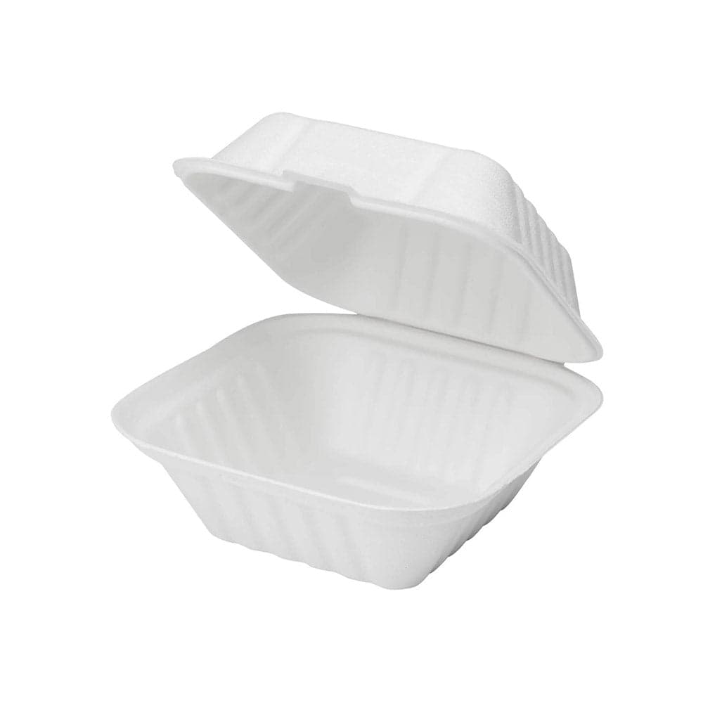 6"x6"x3" Sugarcane Bagasse Clamshell Takeout Container | Pack of 500