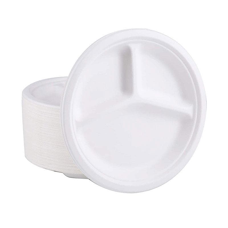 10" 3-Compartment Round Biodegradable Sugarcane Plates | Pack of 500