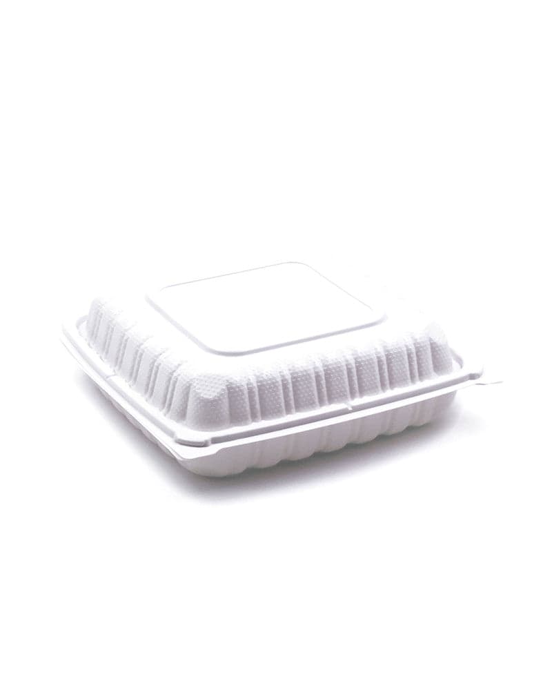 8x8x3" Square PP Hinged Clamshell Food Container, White | Pack of 150