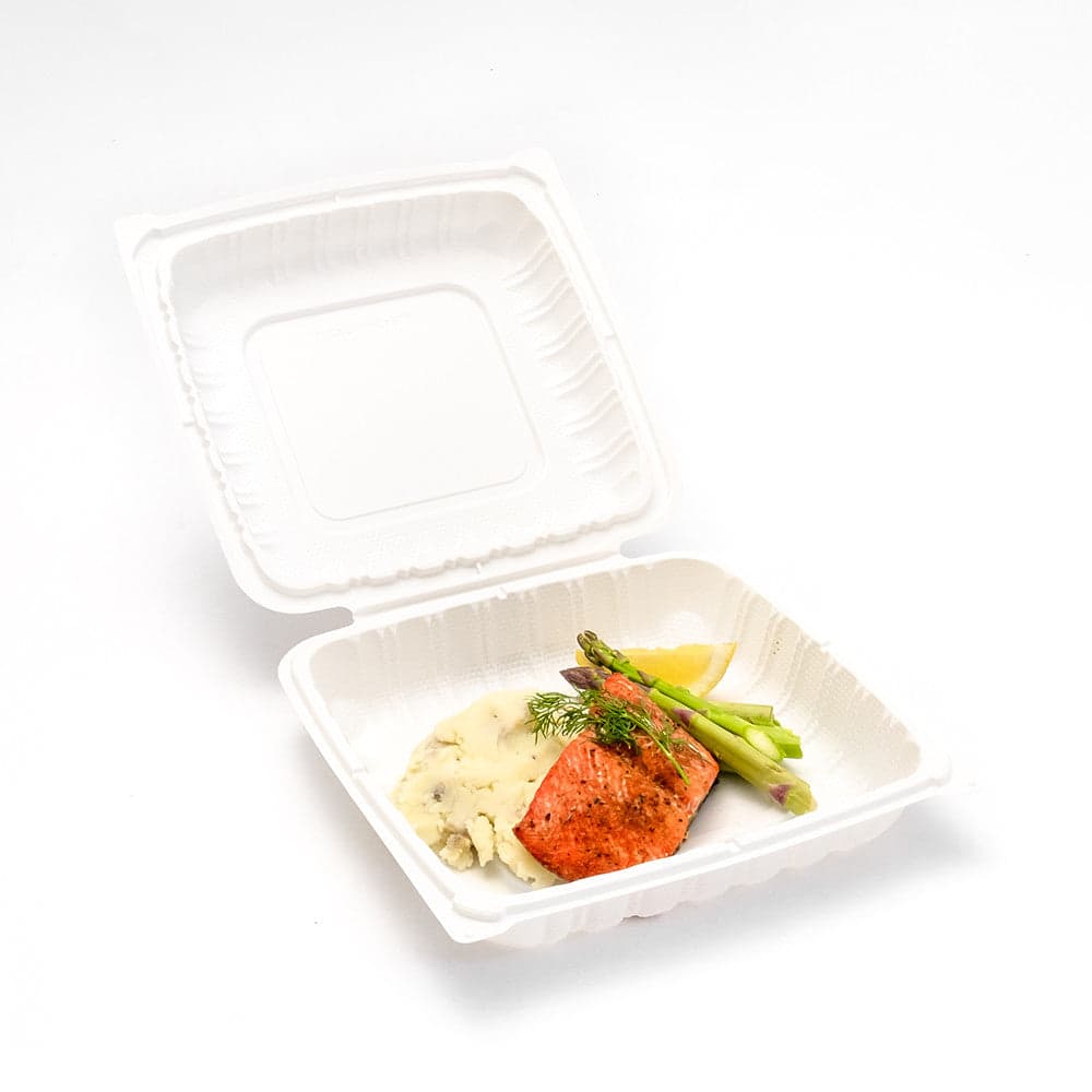 8x8x3" Square PP Hinged Clamshell Food Container, White | Pack of 150 - Image 2